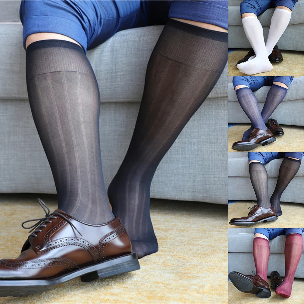 1 Pair Summer Men\'s Sexy Socks Knee High Long Striped Thin Formal Dress Silk Sheer Socks Business Stockings For Man