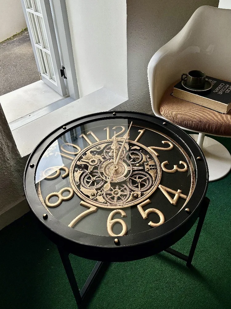 Vintage Clock Gear Rotate Coffee Table Decoration Metal Ironwork Furniture Luxury Living Room Sofa Side Rotundity Corner Tables