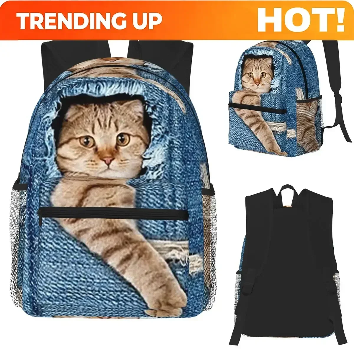 Custom Bag Black Denim Pocket Cat Kitten Student Backpack School Bag Hiking Travel Daypack For Boys Girls Fashion Bookbag Should
