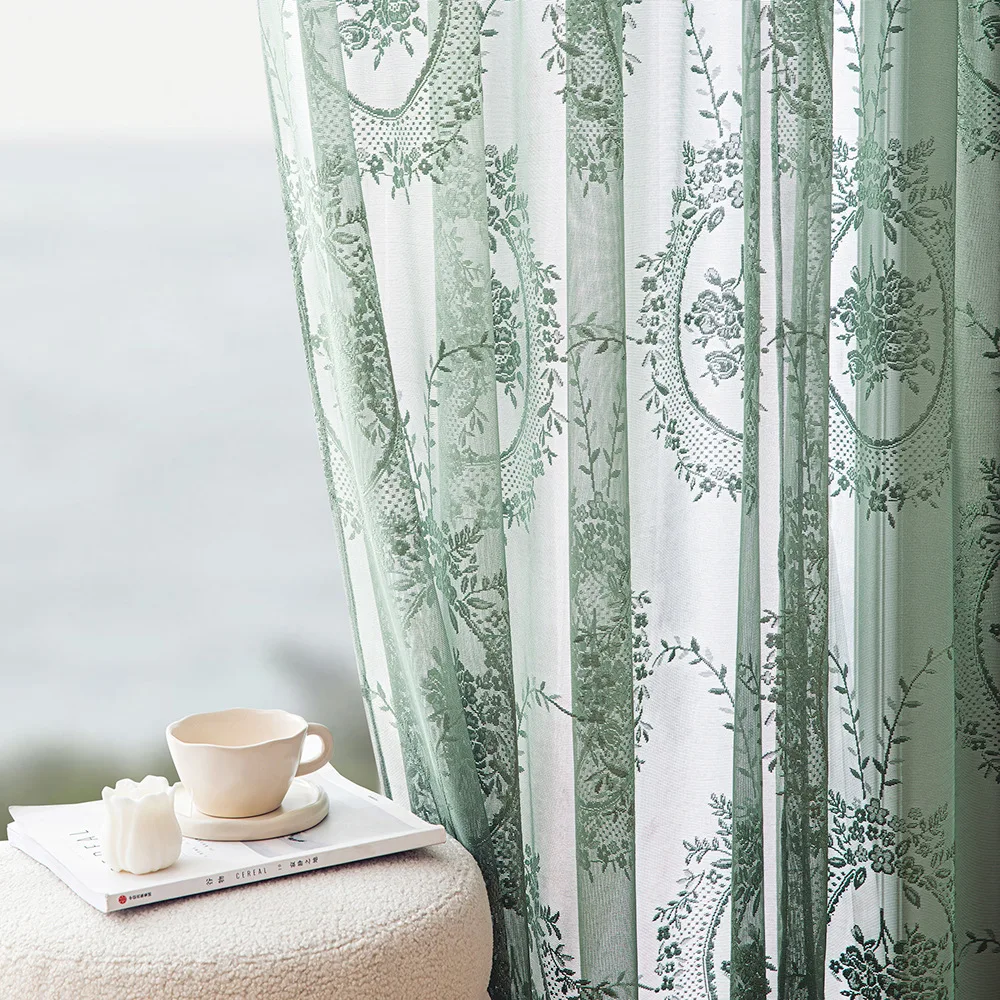 A Piece of Chinese-Style National Flower Design Lace Trim Green Curtain, Featuring a Mirror Peony Flower Design That Exudes a Sense of