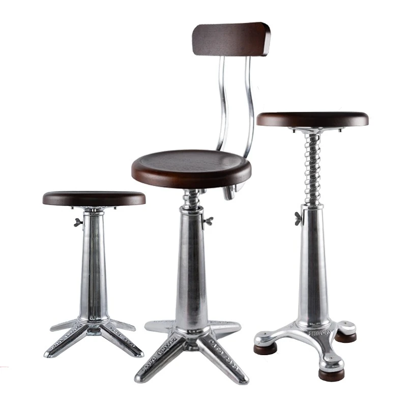 

American retro cast aluminum solid wood lifting high stool, back chair Shengjia industrial style bar stool