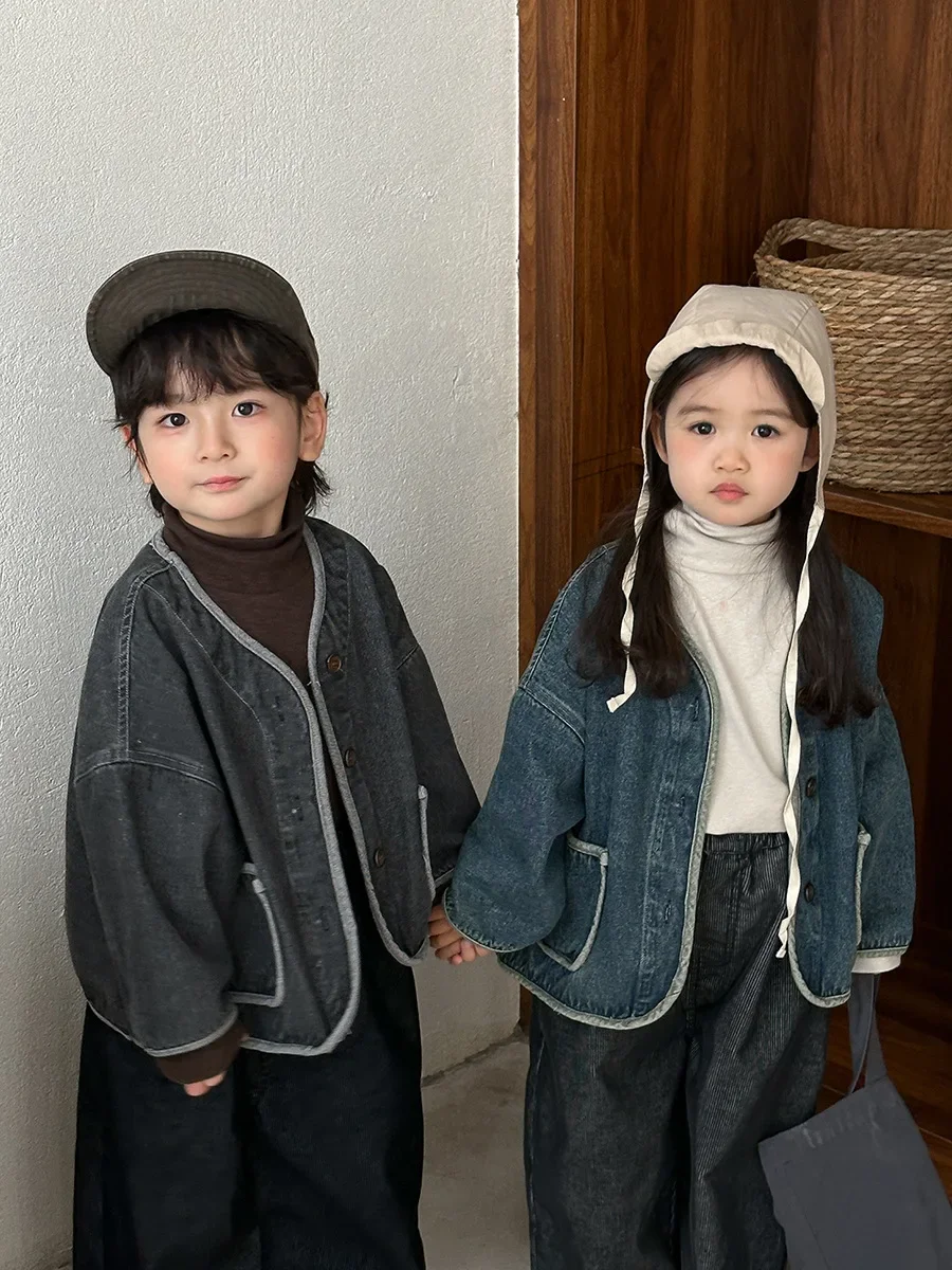 

New Autumn Children Clothes Denim Jacket Boys Girls Retro Minimalist Loose Edge Bound Jacket Children's Casual Outerwear
