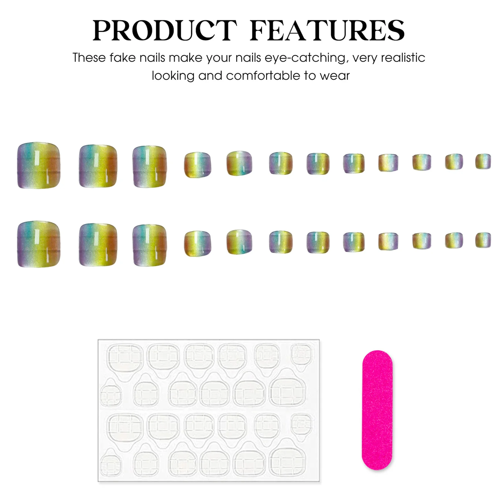 Faux ongles pour les pieds, Flash arc-en-ciel, œil de chat, couverture complète, à pression, carrés, aurore, amovibles, nouvelle collection 2024
