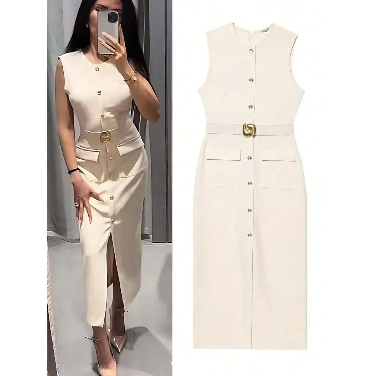 Ärmelloses Damenkleid mit Rundhalsausschnitt, einfarbig, tailliert, mit Knopfleiste, langer Rock für den Arbeitsweg, formelle Abendessen