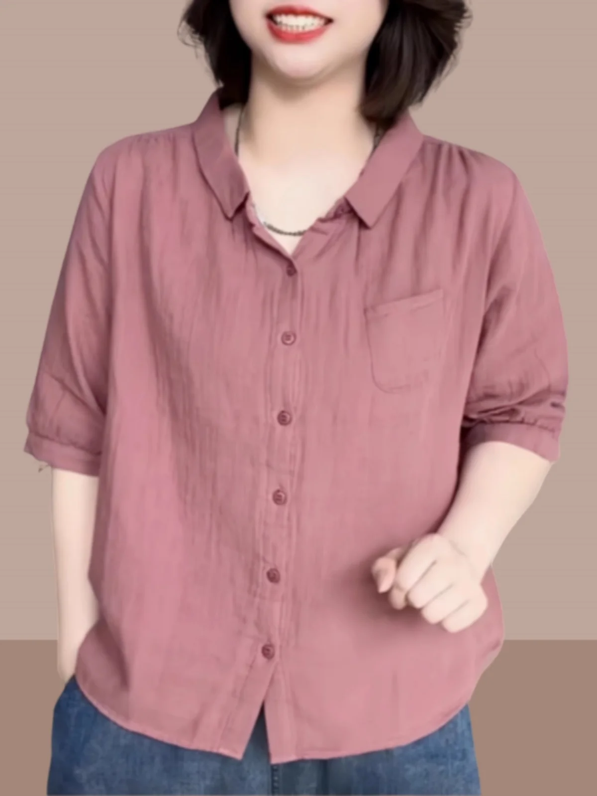 

Loose Fit Cotton Linen Shirt Short Sleeve Turn-down Collar Thin Summer Pure Color Slimming Open Cardigan Top for Women