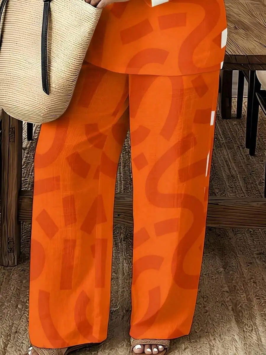 

Plus Size Notched Neck Three Quarter Sleeve Top And Wide Leg Pants Set Orange Abstract Geometric Print Loose Comfortable Spring