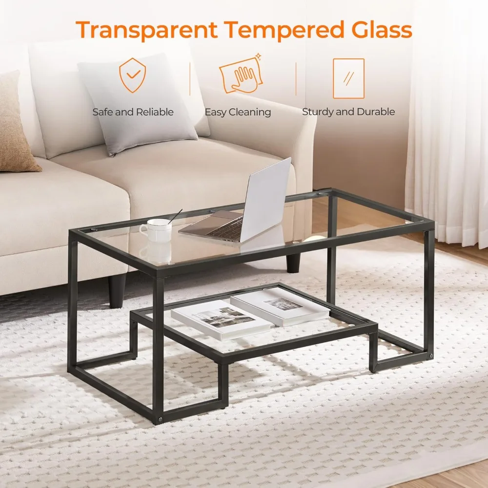 Modern Geometric Metal Frame Coffee Table with Tempered Glass Top, Simple Center Table for Contemporary Living Spaces