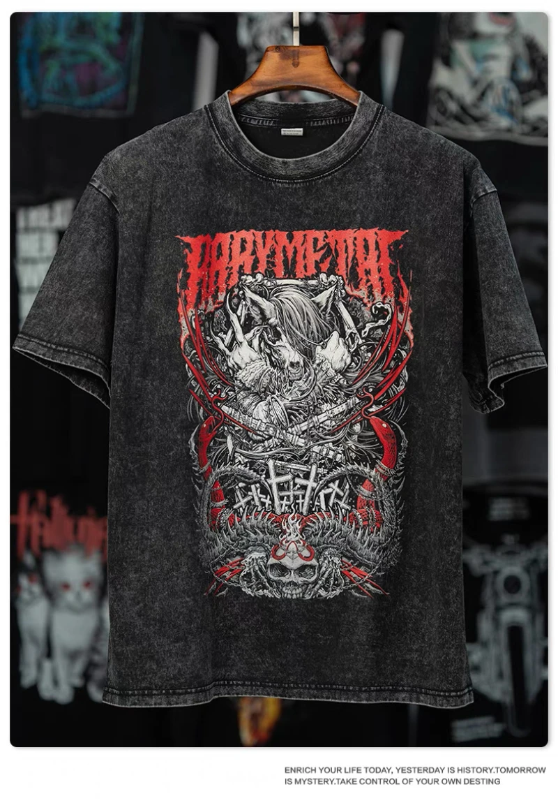 

Summer Alien Culture Dark Skeleton Alien Iron Blood Warrior Printed American Retro Black Loose Short Sleeve T-shirt