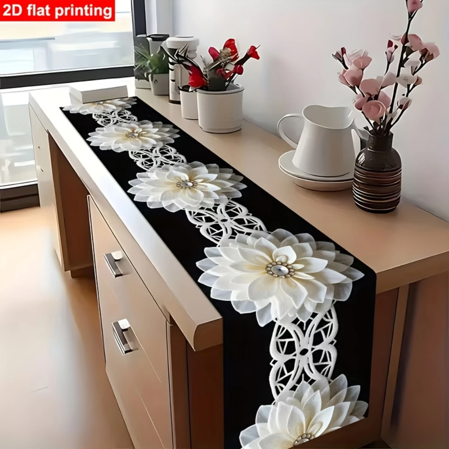 2026 Eleganter weißer Tischläufer mit Blumenmuster, moderner floraler Stil, dekorativer Läufer für Sideboards und Heimdekoration