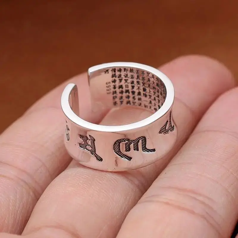 Vintage Amulet Buddha Heart Sutra Buddhist Rings For Men Women Opening Blessing Ring Thai 925 Sterling Silver Jewelry