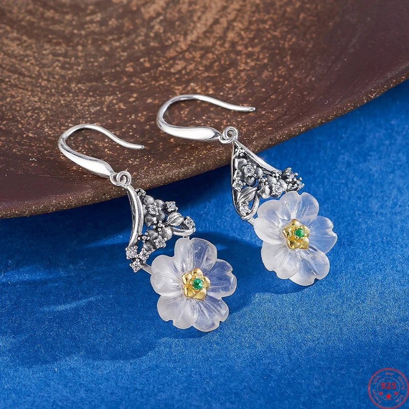 

S925 Sterling Silver Drop Earrings for Women Retro Tassel Inlaid Peach Blossom Rock Crystal Ear-drop Fashion Jewelry Wholesale
