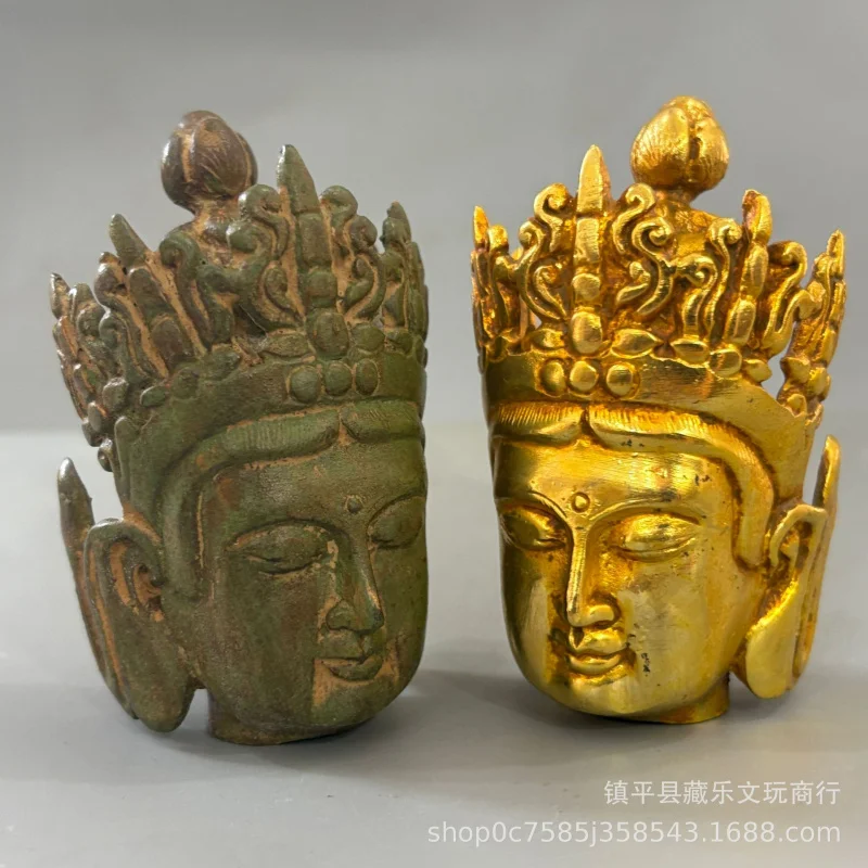 Antique gilded Guanyin Buddha head, Avalokiteshvara Bodhisattva statue, home altar decoration, desktop ornament, vintage decorat