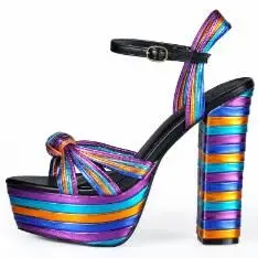 Women Metallic Chunky Heel Sandals Rainbow Shoes High Heels Peep Toe Ankle Strap Platform Sandals Zapatos Mujer Multi Color