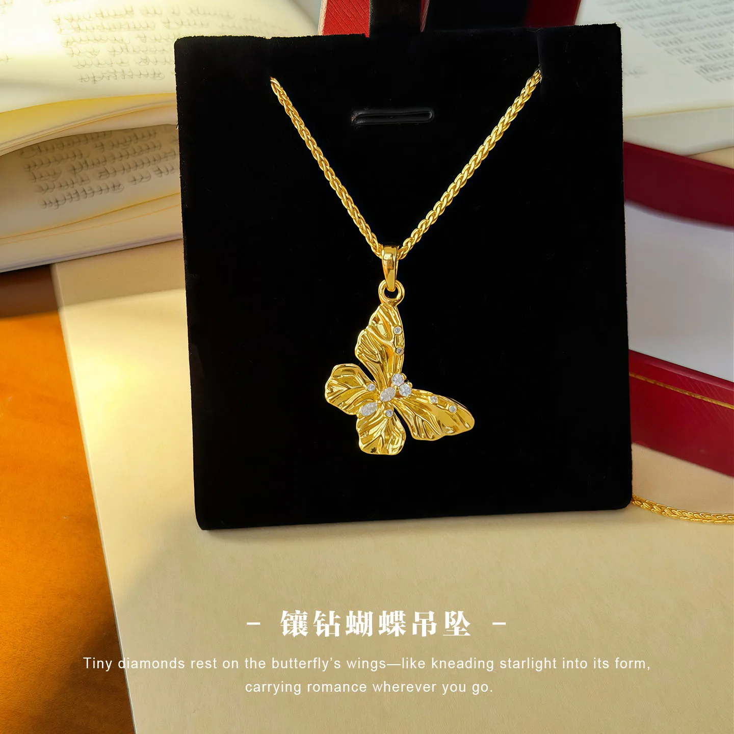 Luxury 24K 9999 Pure Gold real gold Women's Point Drill Pleated Butterfly Pendant Brushed Butterfly Pendant Necklace
