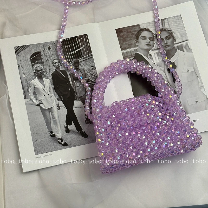 Summer Customized Fantasy Acrylic Bead Bag for Women Handwoven Cute Exquisite Luxury Shiny Handbags Crossbody Bling Bags