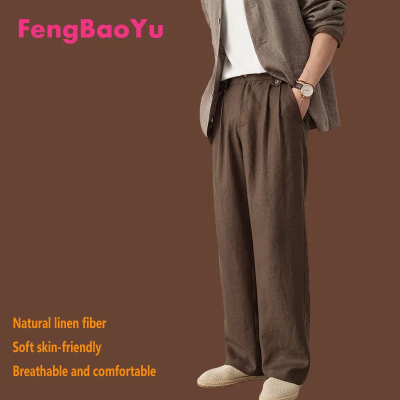 

Fengbaoyu 100% Natural Men's Linen Long Pants Loose-Sized Waist, Wide Legs Straight Trousers for Elegant Fashionable Casual Wear