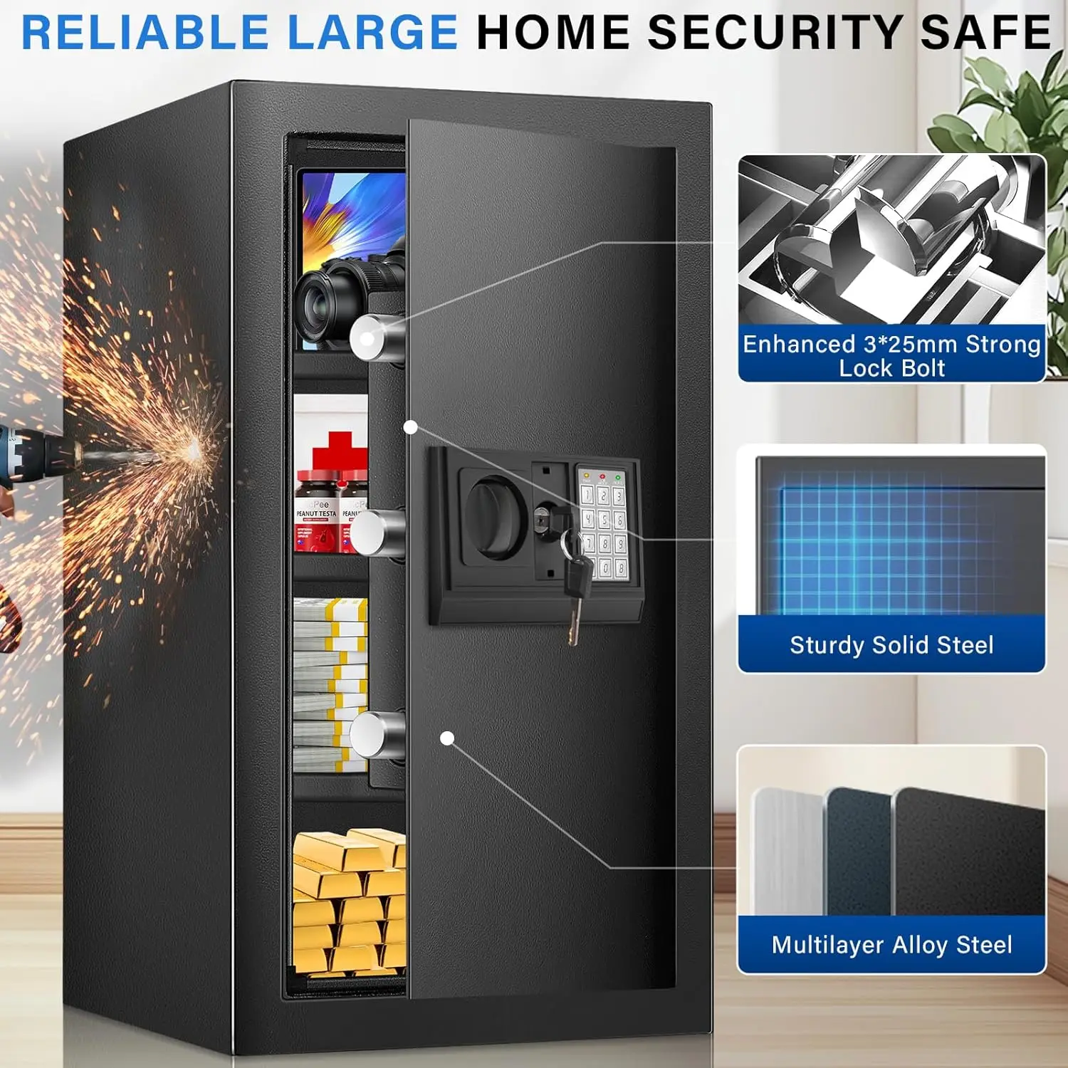 4.4 Cuft Safe Box, Home Safe พร้อมกระเป๋ากันน้ําทนไฟ, Anti-Theft Digital Security Lock Box พร้อมระบบแจ้งเตือนอัจฉริยะ, Remova