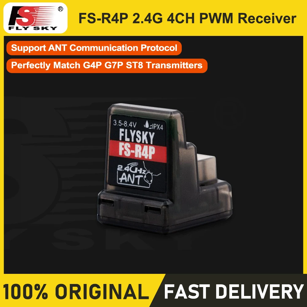 FLYSKY FS-R4P 2.4G 4CH PWM Receiver with ANT Protocol And Built-in Antenna IPX4 Waterproof for FS-G4P G7P ST8 RC Car Boat Models