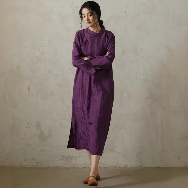 

Chinese Style Women Cotton Linen Casual Dress New Arrival 2025 Autumn Vintage Mandarin Collar Loose Female Long Dresses M1760