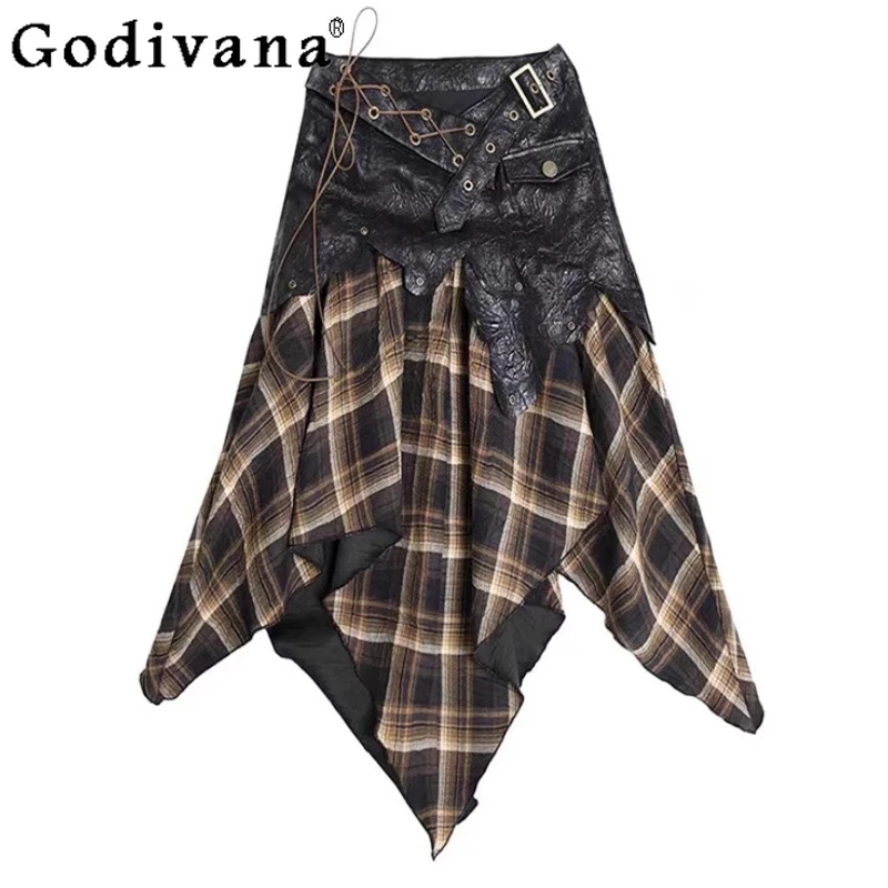 

Street Punk Plaid Splicing Irregular Personality Skirt Women's Autumn 2025 New Y2k Cool Girl A-line High Waist Versatile Skirts