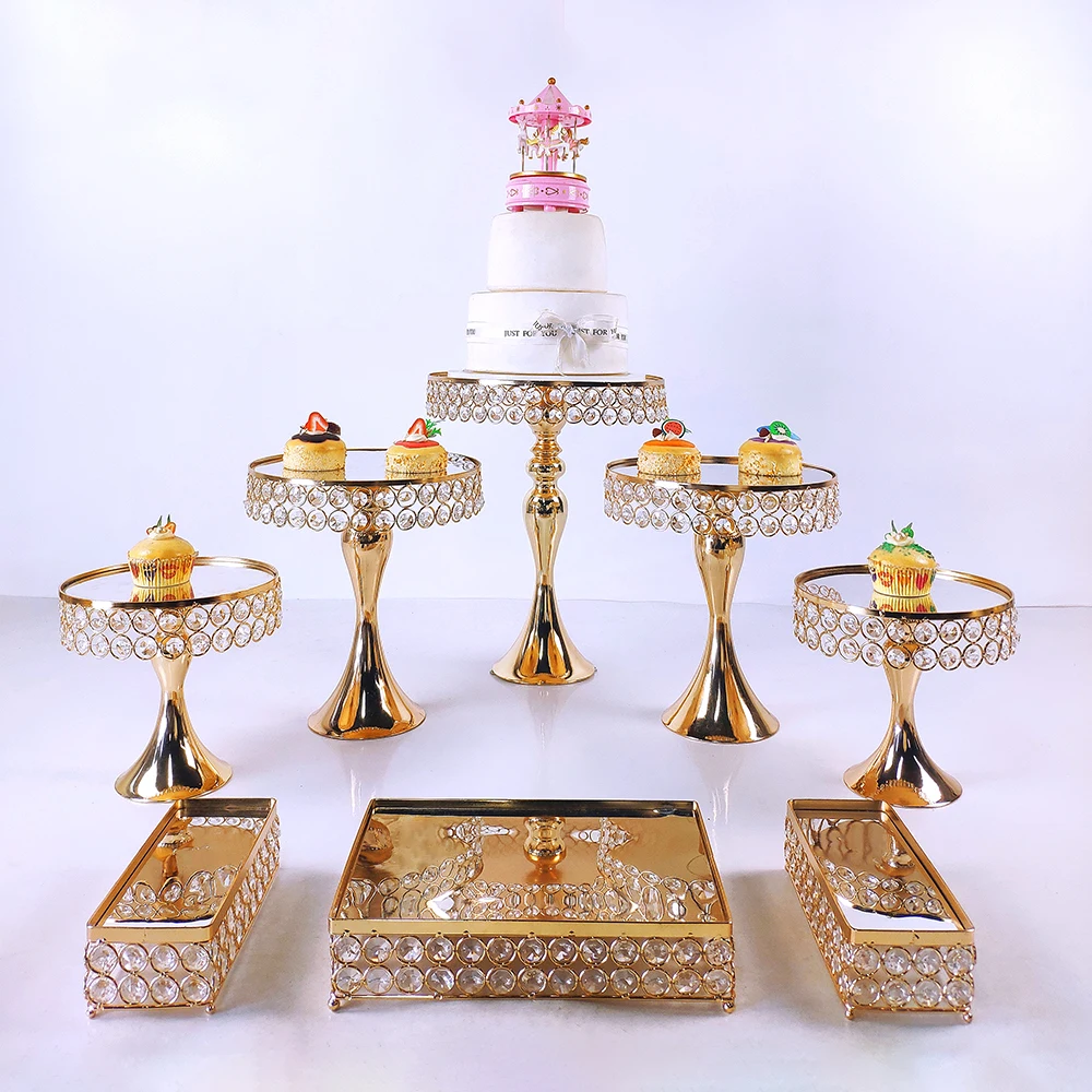 

Gold7- 10pcs Electroplate Metal Crystal Cake Stand Set Display Wedding Birthday Party Dessert Cupcake Plate Rack
