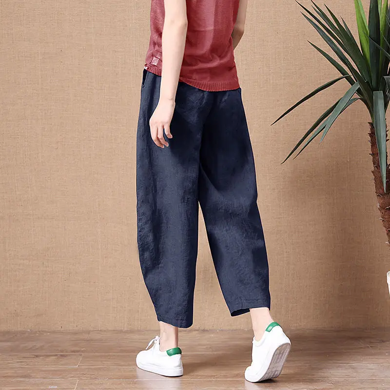 95 Cotton Wide Leg Pants Loose Elastic Waist Thin Cotton Linen like Summer Casual Pants Vintage Slimming Versatile Nine Points