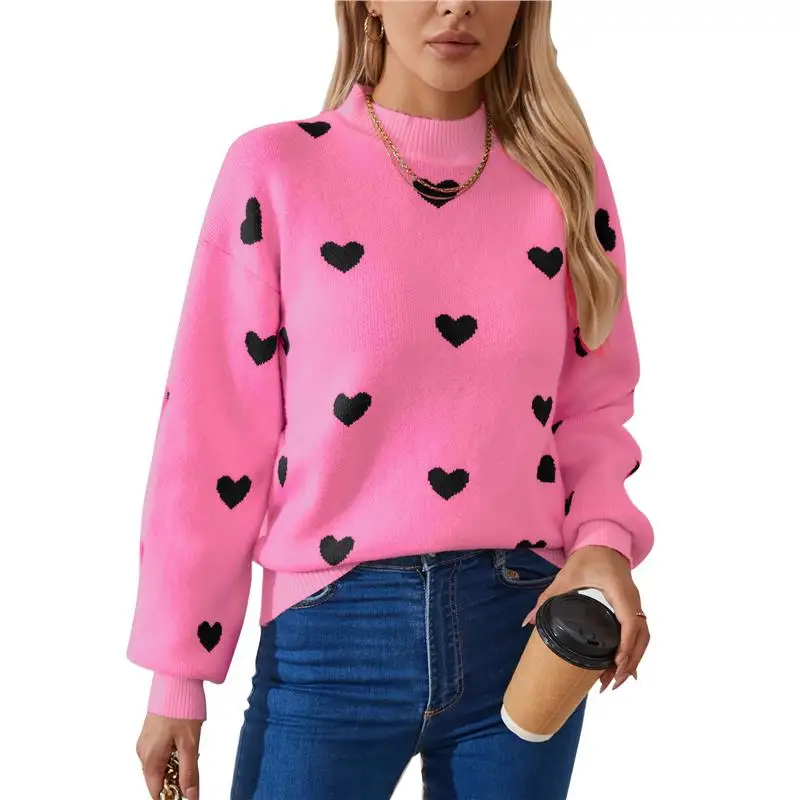 

Модный вязаный свитер женский трансграничный круглый Ne Overhead Long Sve Heart Patterned Осень Зима Vntine's Da...