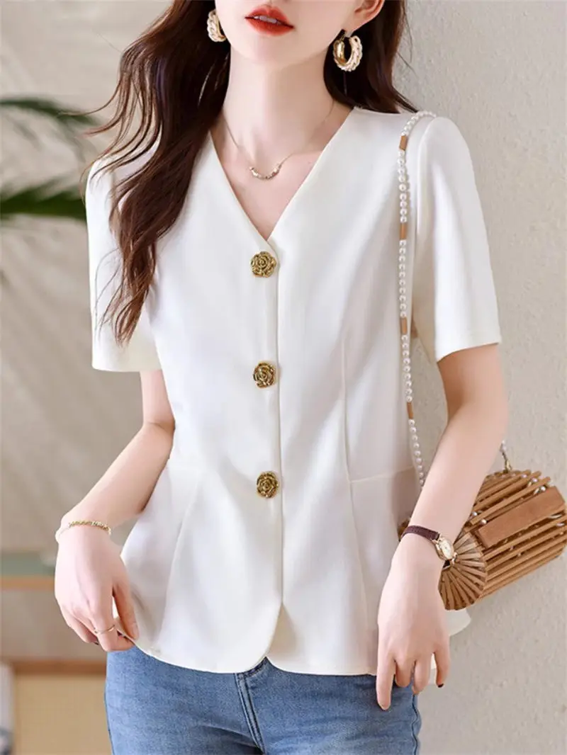 

Женская французская летняя блузка с v-образным вырезом - повседневная свободная туника с коротким рукавом, модная удобная эластичная рубашка G766