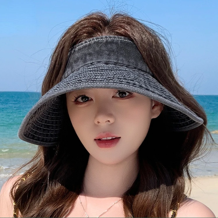 Topi Matahari Denim Cuci Mewah Ceruk Wanita Topi Matahari Pinggiran Lebar Modis Topi Matahari Luar Ruangan Kasual Trendi
