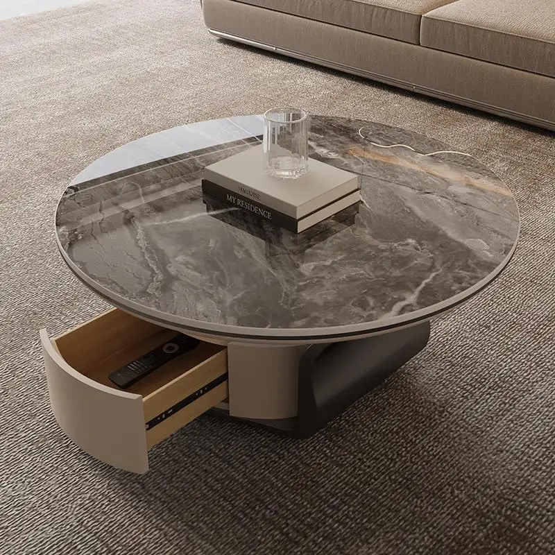 طقم طاولة قهوة حجرية فاخرة على الطراز الإيطالي بتصميم دائري بسيط لغرف المعيشة الصغيرة والشقق