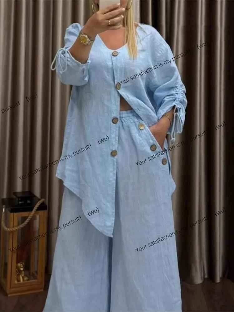 

ZOCI-Women's Casual Two-piece Set, Loose Cotton Plain Button Set, Cardigan, Wide Leg Pants, 2-piece Set