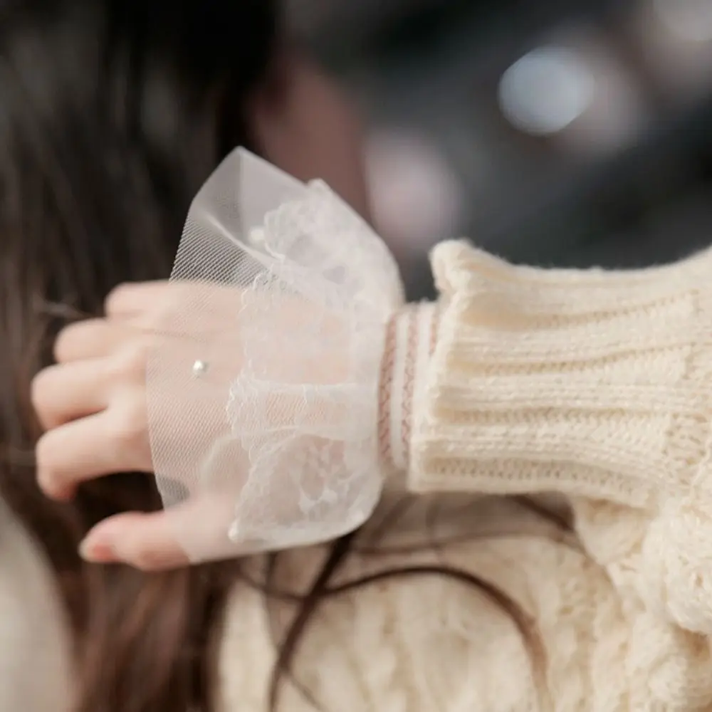 Nuovo Polsino Finto in Rete con Perle, Staccabile, Bianco e Nero, Polsino per Maglione, Accessorio per Fotografia