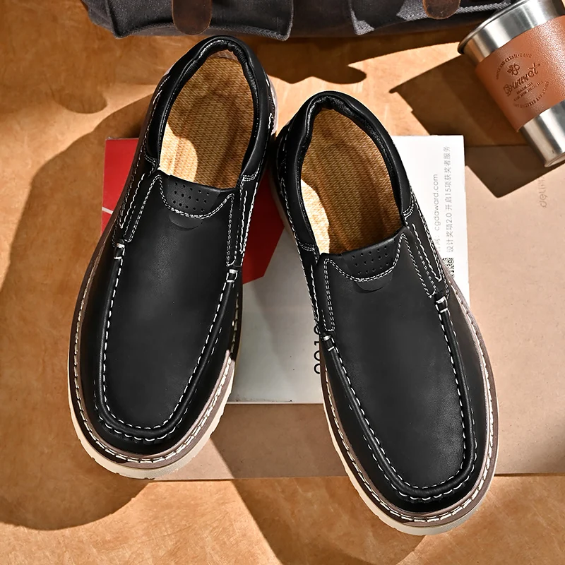 Trendy New Style Men\'s Genuine Leather Shoes Thick Soled Tooling Shoes Men\'s Oxford Shoes Lace Up Business Shoes Outdoor Loafers