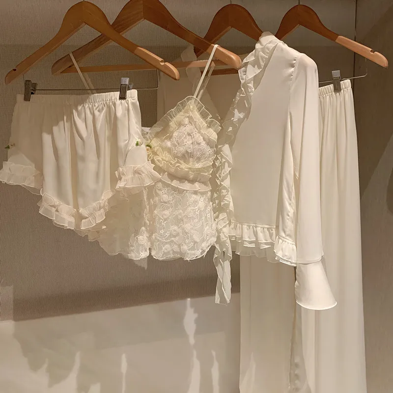 

Желтый женский пижамный комплект из 4 предметов, сексуальный кружевной банный халат, ночная рубашка, брючные костюмы, свободная атласная домашняя одежда, одежда для дома