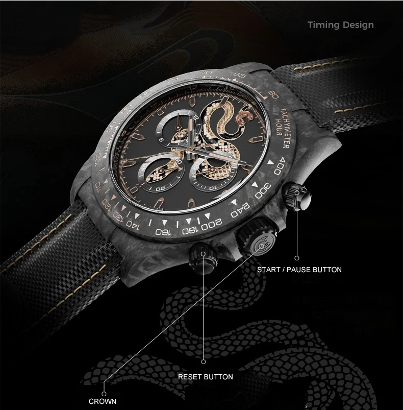 CRONUSART Men นาฬิกาโครโนกราฟคาร์บอนไฟเบอร์ 40 มม.นาฬิกาข้อมือกลไกอัตโนมัติ Luminous Canvas สายหนัง Snake Dial