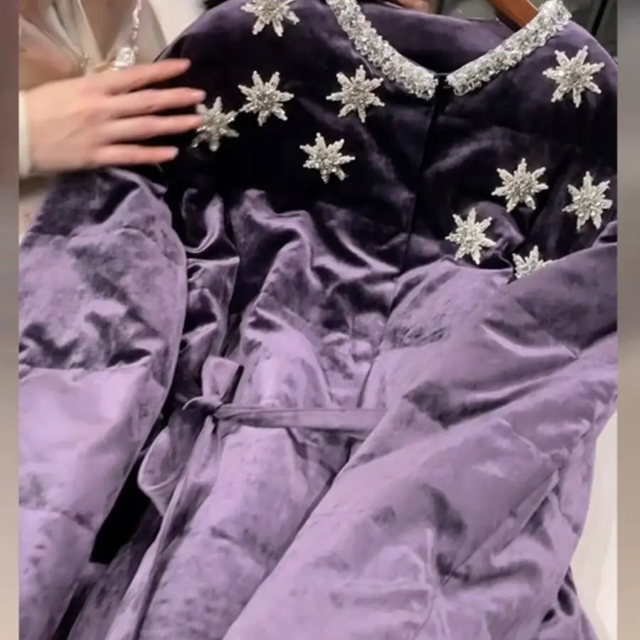 Marque de luxe brillant strass violet veste matelassée femmes nouveau automne hiver haut de gamme qualité épaissir matelassé haut doudoune