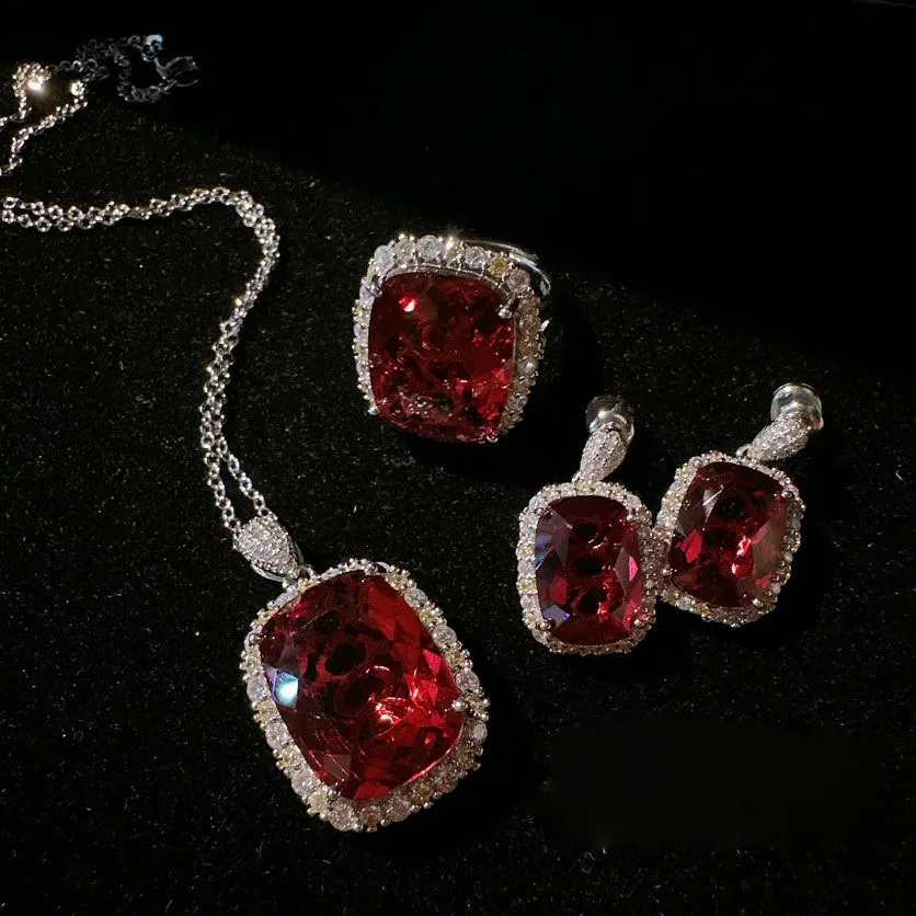 Mahenggai Pigeon Blood Ruby Earrings with 18K Gold Plated Garnet Red Rectangular Zircon Necklace