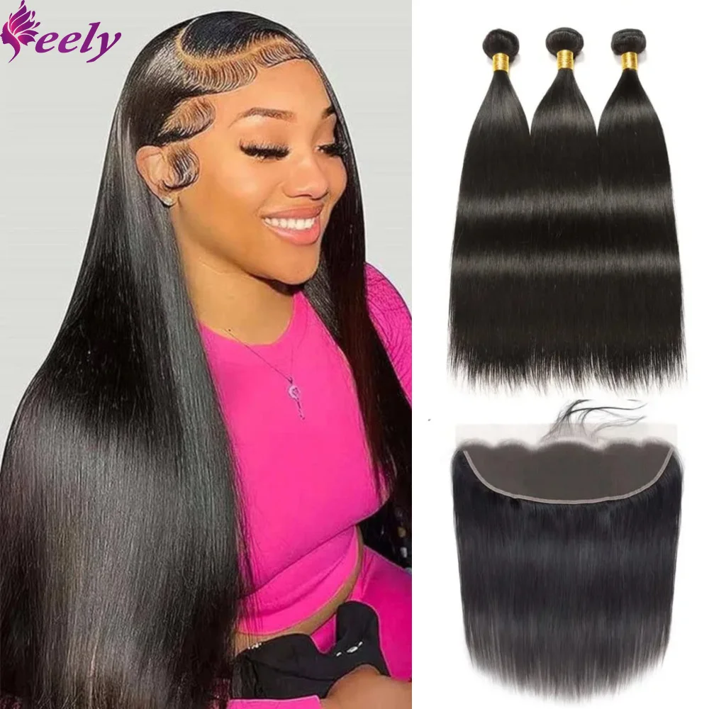 12A Grade Straight Bundles with Frontal Brazilian Real Human Hair Bundles with 13x4 Lace Frontal Remy Hair Bundles With Closure