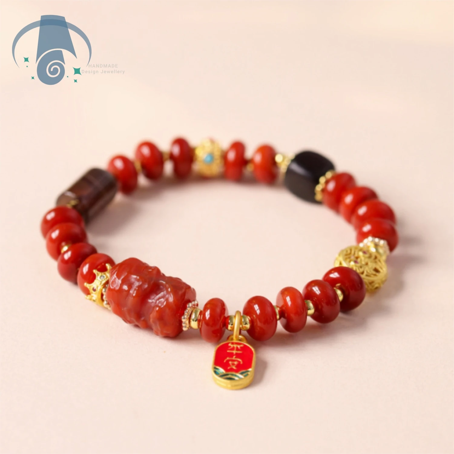 

Handcrafted Red Agate Bead Strand with Green Tara Charm Traditional Tibetan Buddhism Accessory Unisex Spiritual Bracelet