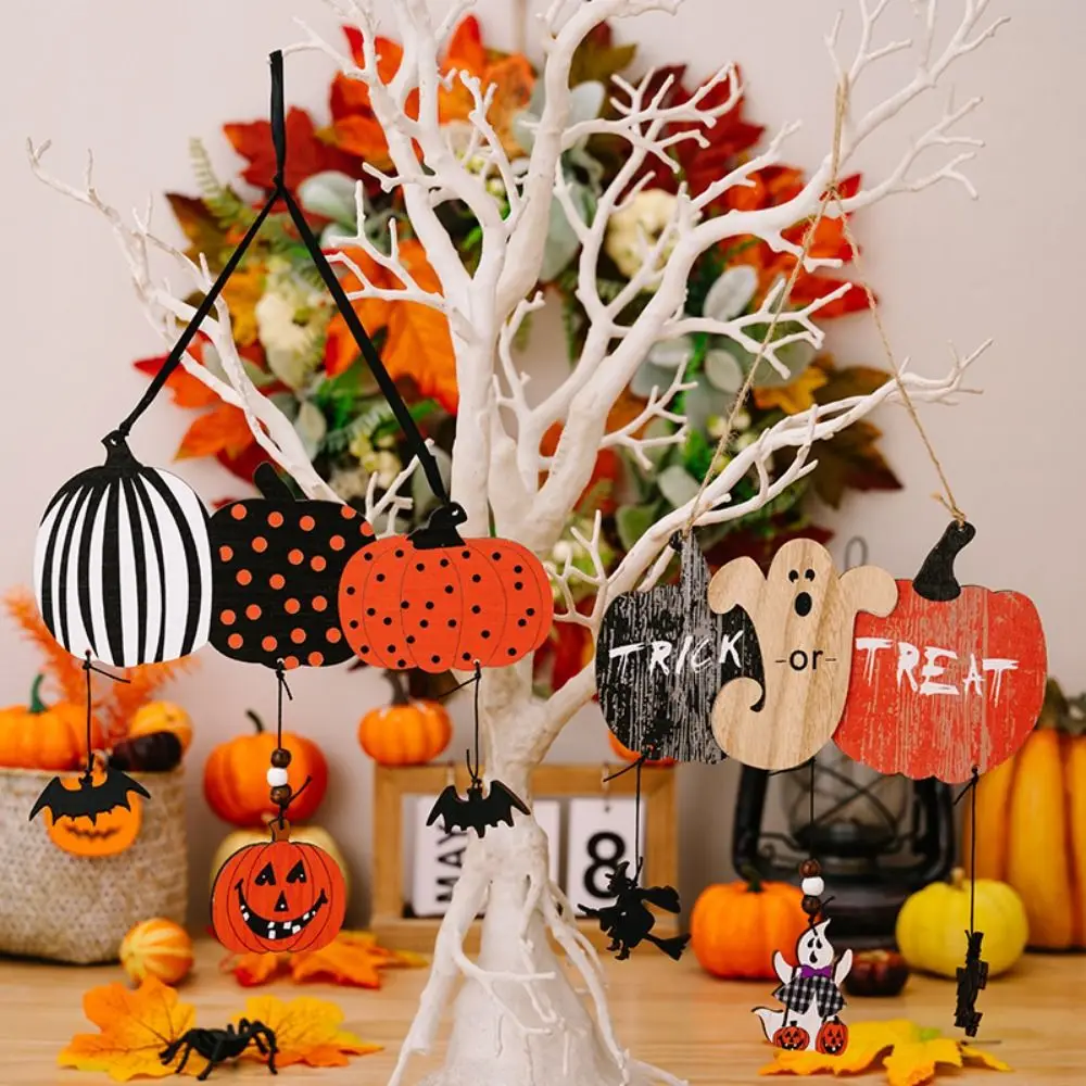 2pcs/set Decorative Halloween Wooden Pendants Witch Colorful Pumpkin Hanging Pendant Ghost Bat Party Ornament