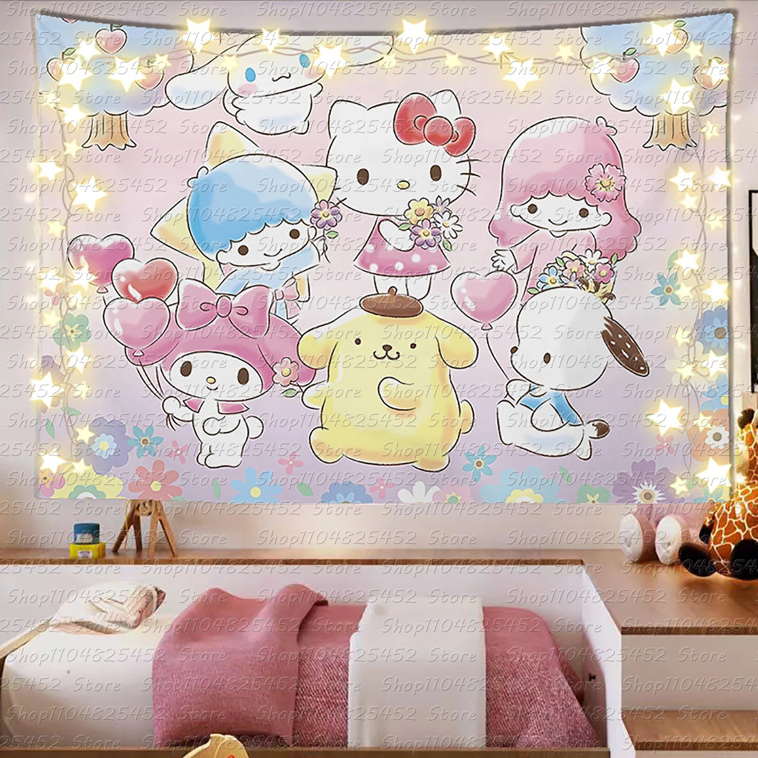 Sanrio Mikko Niedlicher Cartoon-Hintergrundstoff im Ins-Stil, Raumdekoration, Wandteppich, Dekoration für Mietwohnungen, Hängetuch
