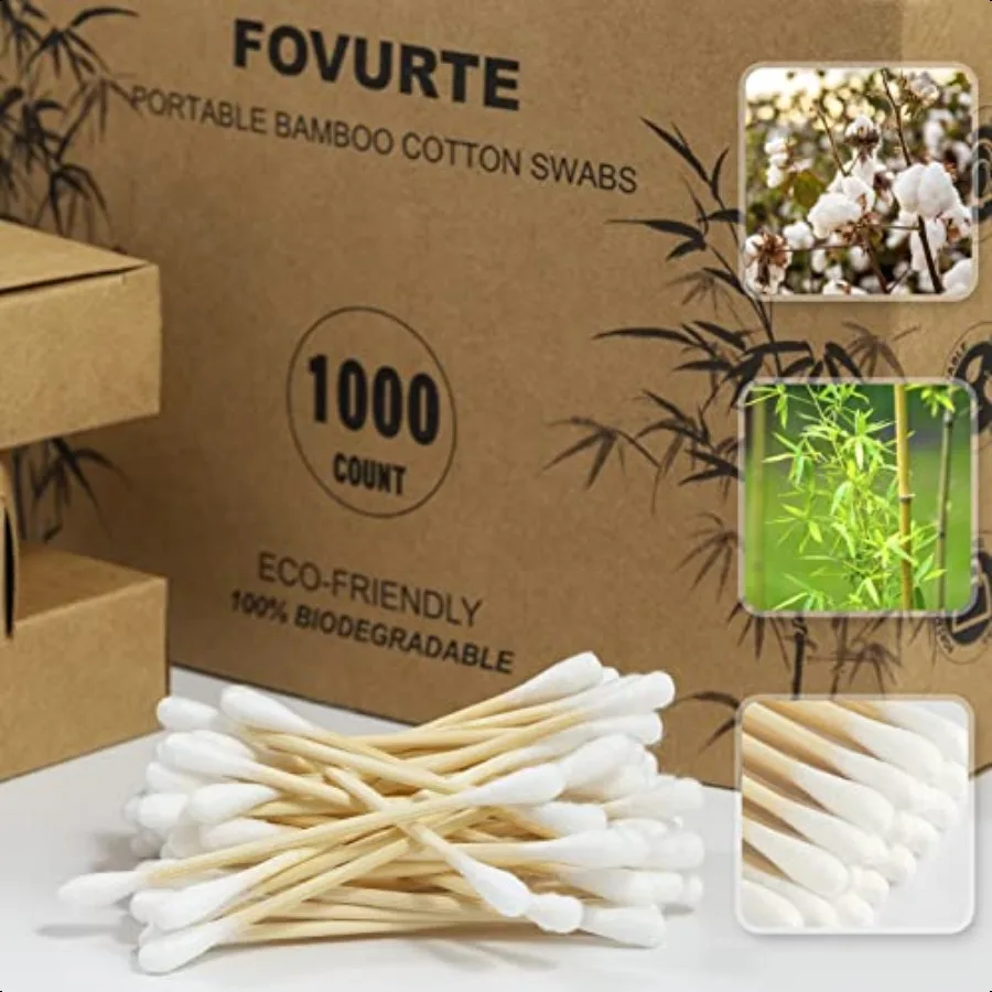 Bamboo Cotton Swabs 1000 Count Natural Cotton Swab with Round Head Tips Double Tipped Ear Sticks Wooden Cotton Buds for Cleanin