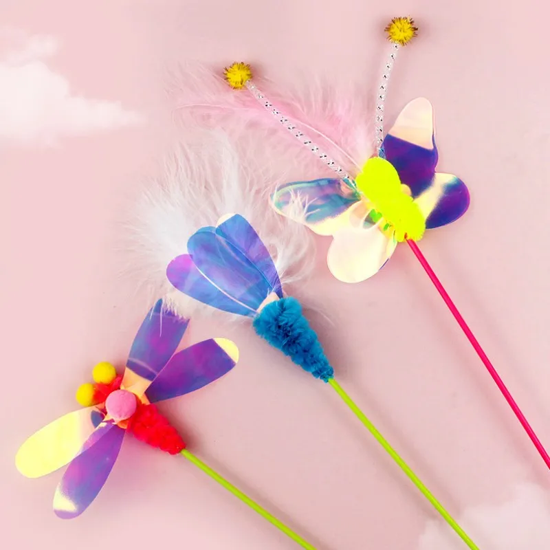 Cat Toy Feather Cats Sticks Insects Toys for Cats Teasing Butterfly Stick Cat Toys Interactive Wool Ball Teaser Toy Pet Products