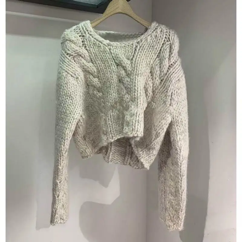 Women's Round Neck Wool Mohair Solid Color Loose Grain Wool Top, Hand Woven, Warm and Soft, Customizable Autumn New Style