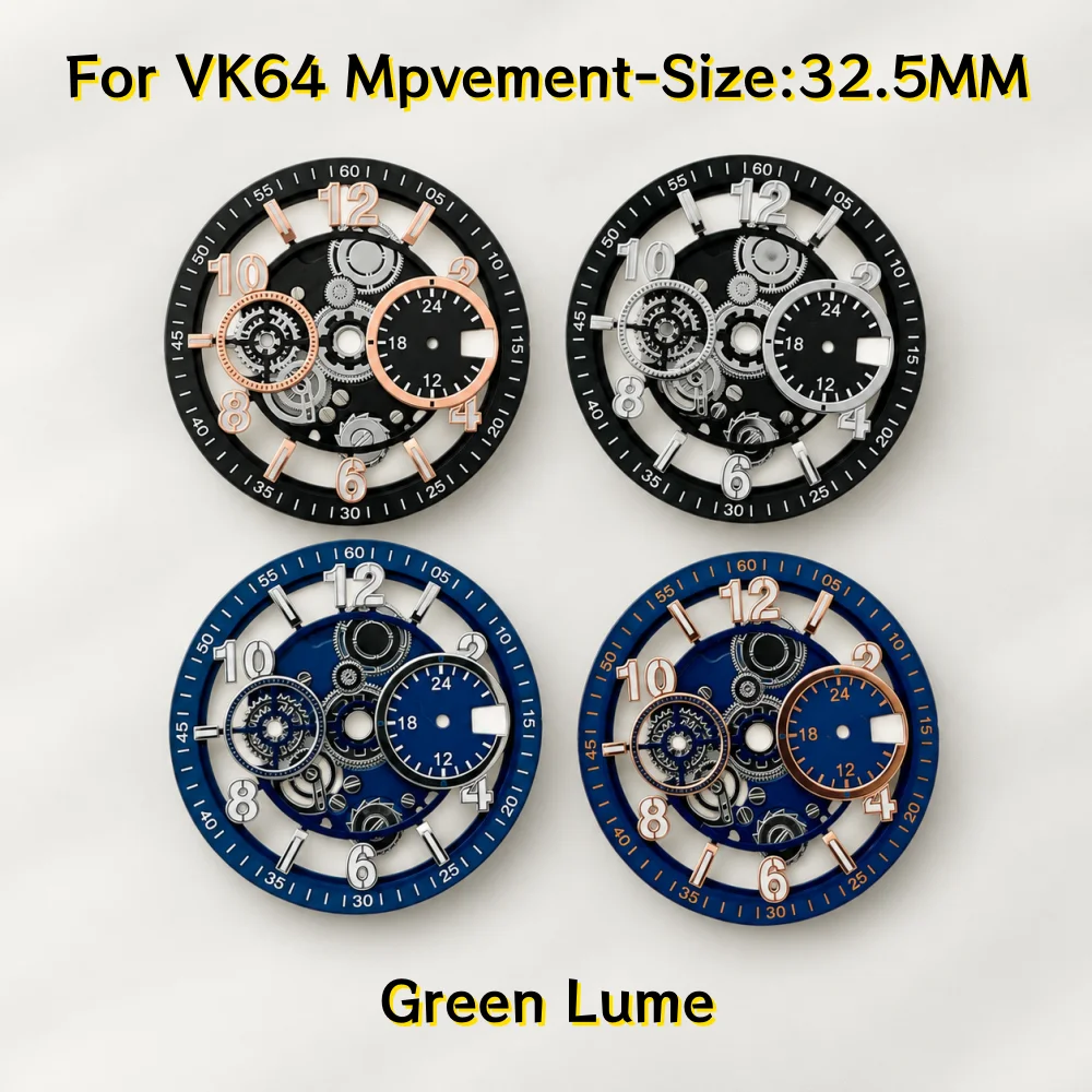 VK64 32.5mm Skeleton Gear Chronograph Watch Dial Oversized Arabic Numerals Dual Subdials Green Lume DIY Mod Parts