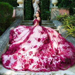 Fuchsia Princess Quinceanera Dresses Ball Gown Off The Shoulder Floral Pearls Sweet 16 Dresses 15 Años Customized