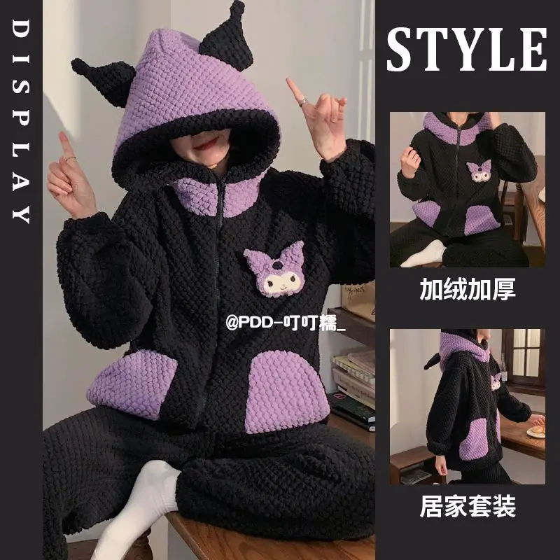 

Милый коралловый бархатный пижамный костюм Kuromi для женщин, осенне-зимний утепленный бархатный топ с героями мультфильмов, брюки, фланелевой теплый комплект домашней одежды