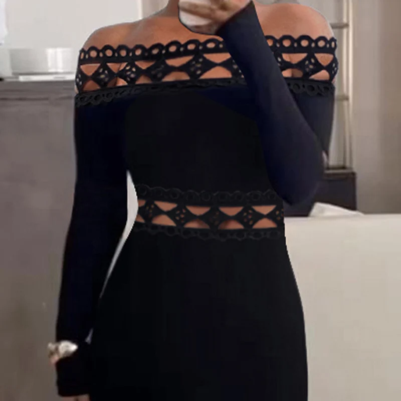 Casual Solid Lace Patchwork Off Shoulder Dress for Women Fashion Elegant Hollow Out Black High-waisted Long Dresses Long Sleeve