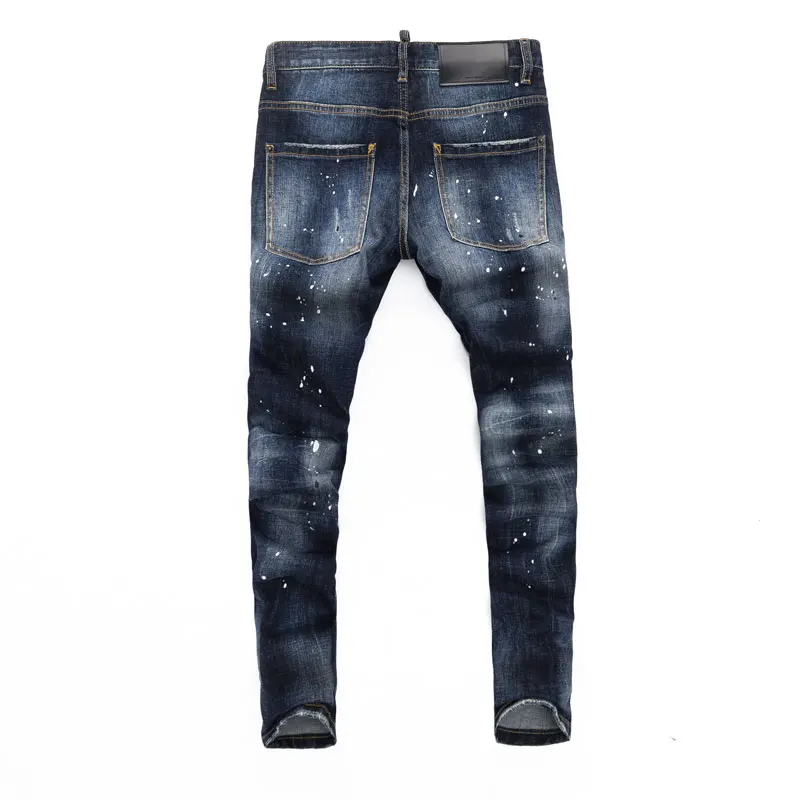 Designer fashion new blue men's jeans stretch slim fit retro washed blue bead jeans high street hip-hop brand pants hombre