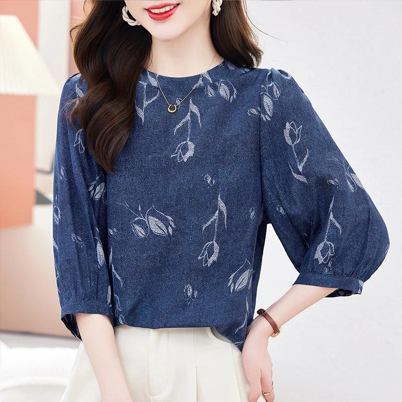 

100% Real Silk Women's Shirt 2026 Summer Elegant Shirts and Blouses for Women Loose Tops Floral Denim Blue Woman Vintage Blouse